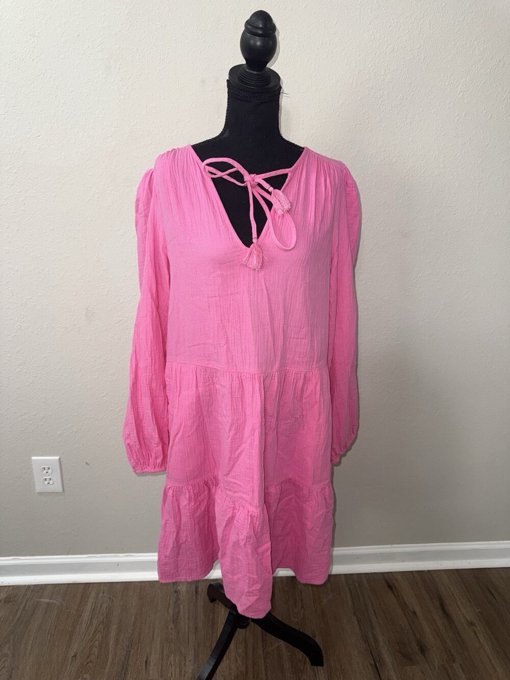 Boden Festival Pink Cheesecloth Mini Dress Size 10L $98 Boho Gauzy Tassels